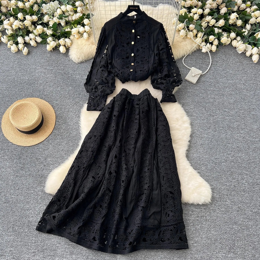 Summer Embroidery Maxi Dress Two Piece Set Women Blue Hollow Lace Long Sleeve Blouse Shirts 3pcs Sets Elastic Waist Skirts Suits