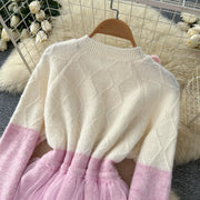 Elegant Knit Patchwork Two Pieces Sets Chic Vintage Cardigan High Waist Mesh Mermaid Skirt Casual Vacation Sets