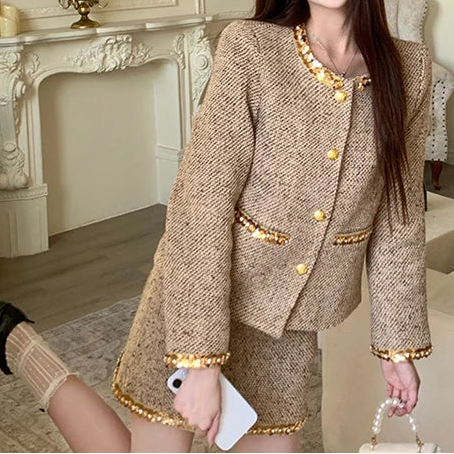 Autumn French Socialite Sequin Tweed Short Coat High Waist Slimming Mini Skirt Set Luxury Style Two Piece Sets Women Outfits