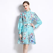 High Quality Support Long Sleeve Flower Print Belted Knee Length Dresses