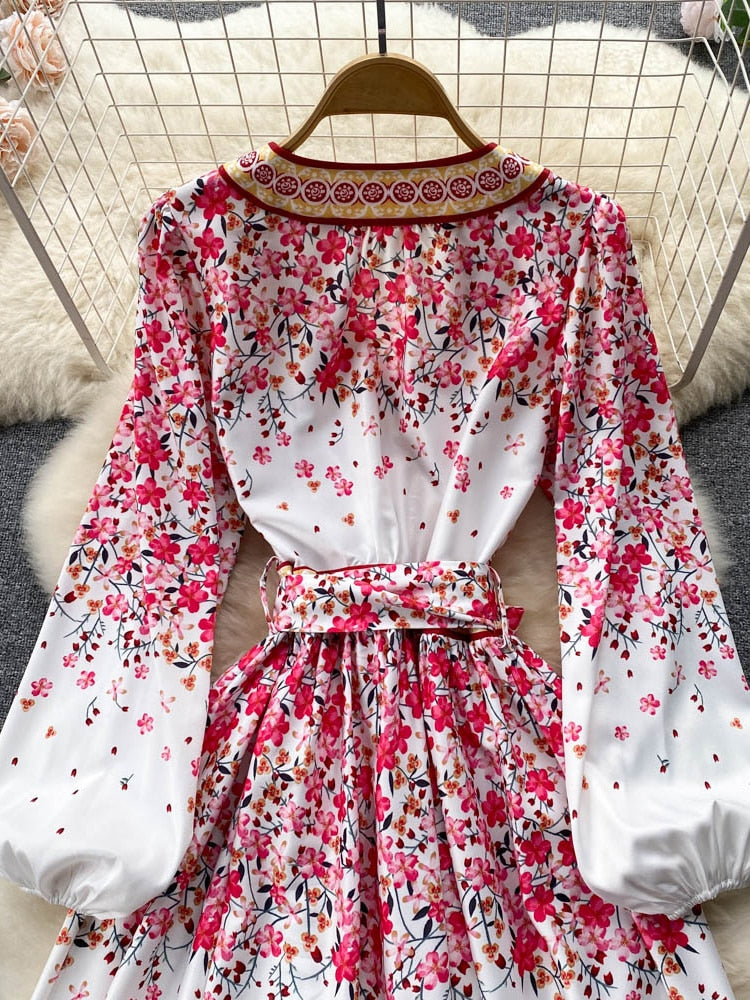 Sweet Style Floral Dress Elegant Lantern Sleeve Bow Lace Up V Neck A Line High Quality