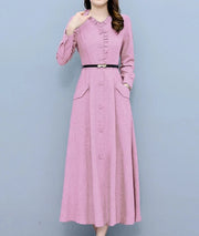 High Quality Vintage Cotton and Linen Long Sleeve Bodycon Elegant Midi Dress