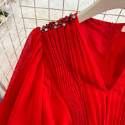 High Quality Purple/Black/Red Diamonds Draped Pleated Chiffon Elegant Puff Sleeve Long Dress