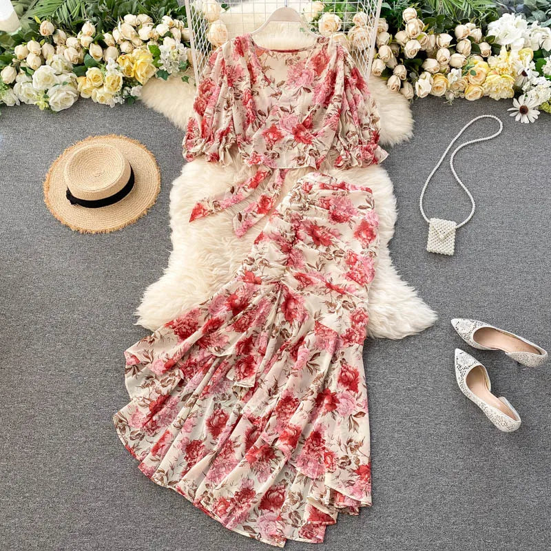 Sexy Two Pieces Sets Chic Bandage chiffon Shirt Top with sweet High Waist mermaid Skirt Beach Vacation Sets