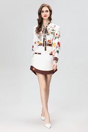 Fashion Designer Elegant Floral Print Skirt Set Women's Lantern Sleeve Frenulum Slim Top+Mini Skirt 2 Pieces Set