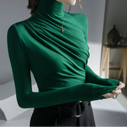 High Quality Solid Color Long Sleeve Pleated Turtleneck Stretch Cotton T-shirt