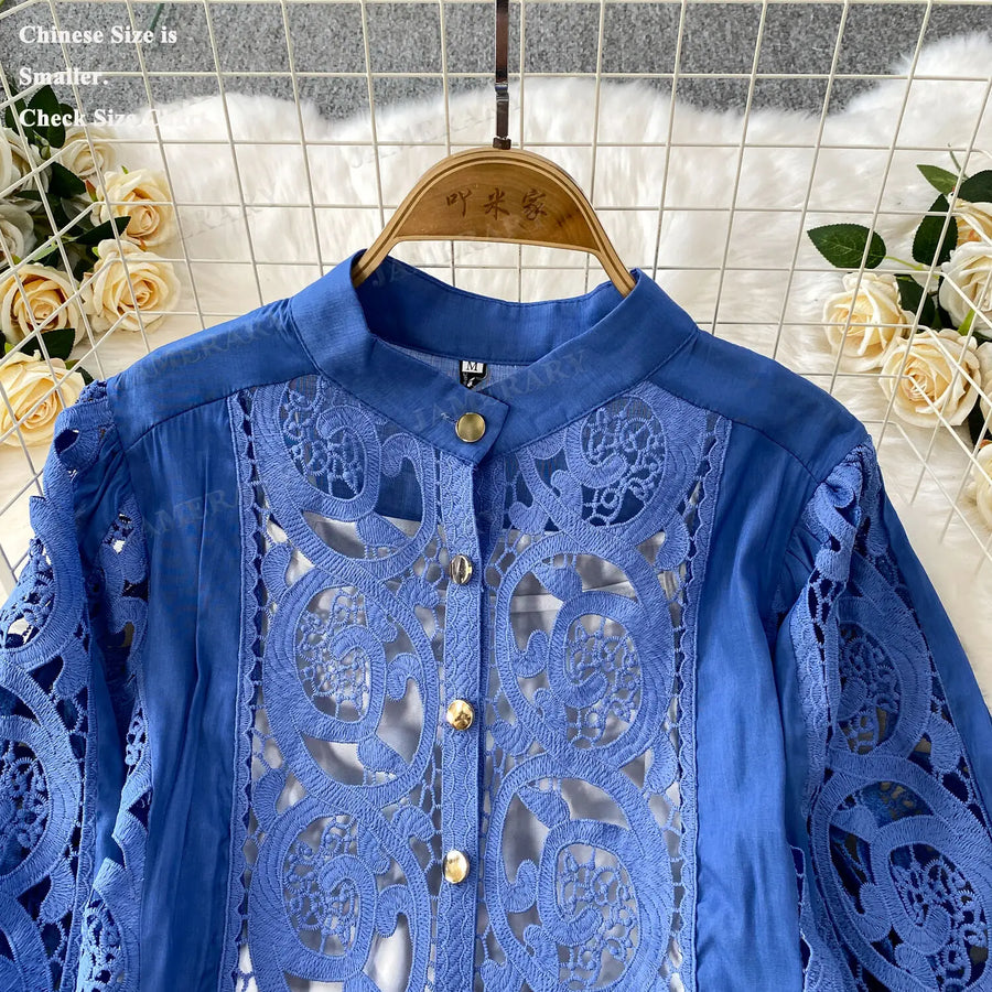 Summer Embroidery Maxi Dress Two Piece Set Women Blue Hollow Lace Long Sleeve Blouse Shirts 3pcs Sets Elastic Waist Skirts Suits
