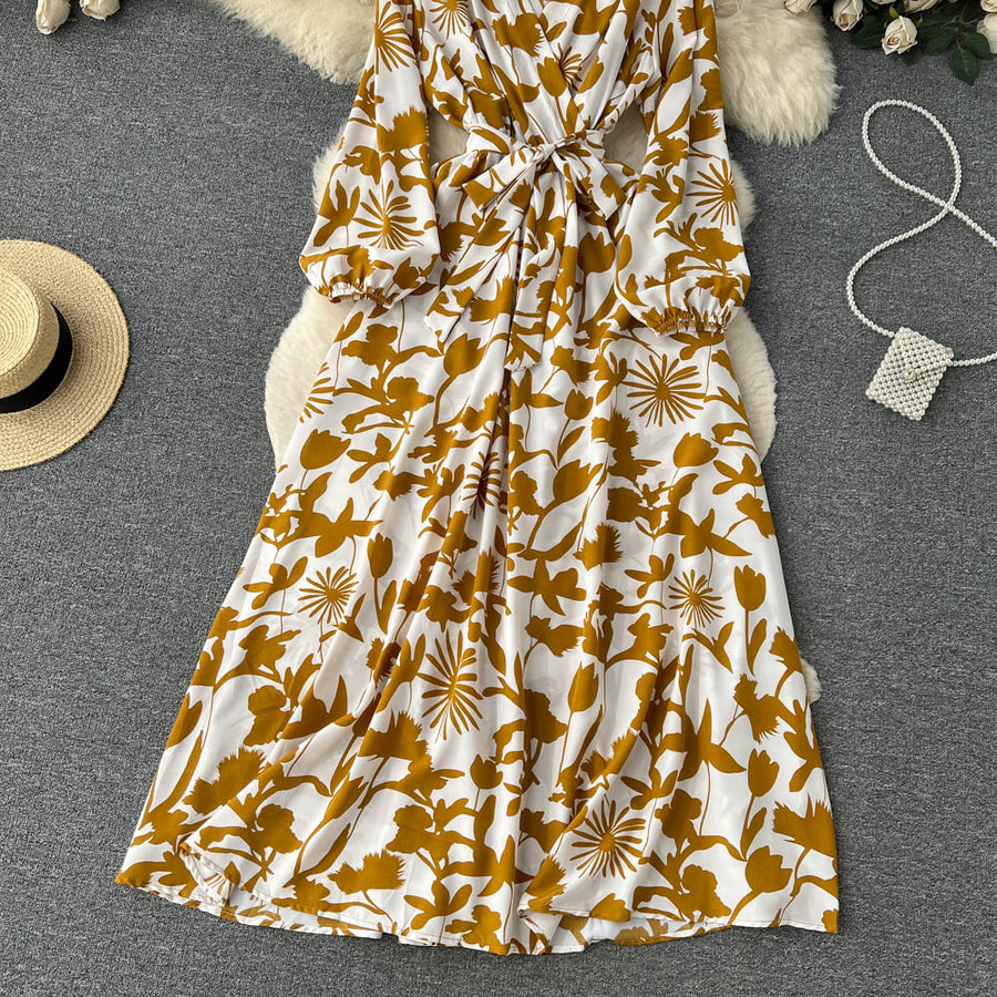 High Quality Multi Colors V Neck A-Line Floral Long Sleeve Dress