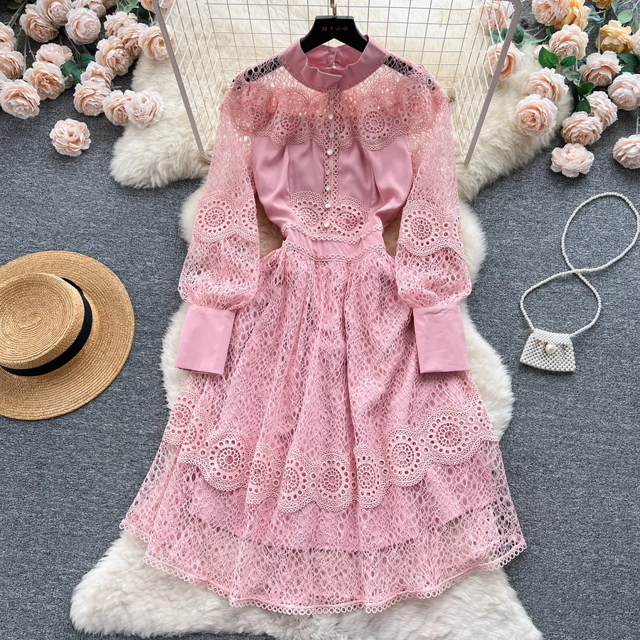 High quality elegant long plain cut French lace dress with flared slee ETERNA High quality elegant long plain cut French lace dress with flared slee ETERNA