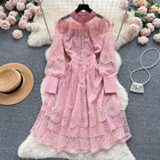 High quality elegant long plain cut French lace dress with flared sleeves