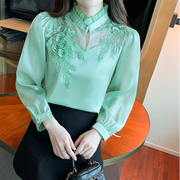 Elegant  Autumn Shirt Embroidery Beads Chiffon Simple Office Blouse Loose Tops Long Sleeve Casual Blouses Women