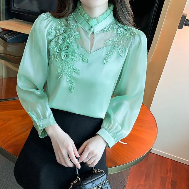 Elegant  Autumn Shirt Embroidery Beads Chiffon Simple Office Blouse Loose Tops Long Sleeve Casual Blouses Women