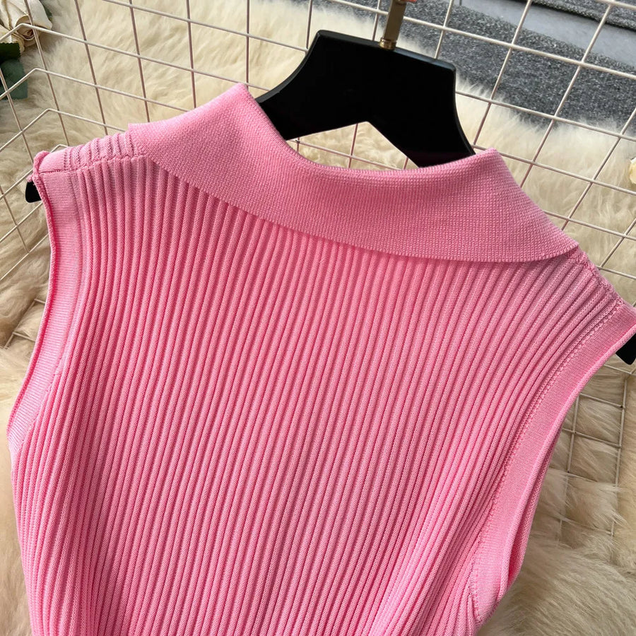 SINGREINY 1950s Ribbed Knit Dress Sleeveless Lapel Belt French Ins Chic Spring Summer Celebrity Style Feminine A-line Long Dress
