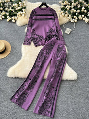 Jacquard Knitting Two Pieces Suits Women Long Sleeve O Neck Sweater+Wide Leg Pants Autumn Winter Warm Loose 2pcs Sets