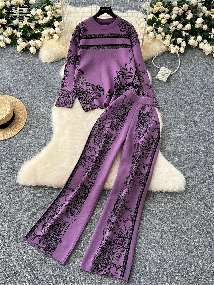 Jacquard Knitting Two Pieces Suits Women Long Sleeve O Neck Sweater+Wide Leg Pants Autumn Winter Warm Loose 2pcs Sets