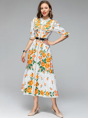 Floral three-quarter sleeve midi dress with high quality belt