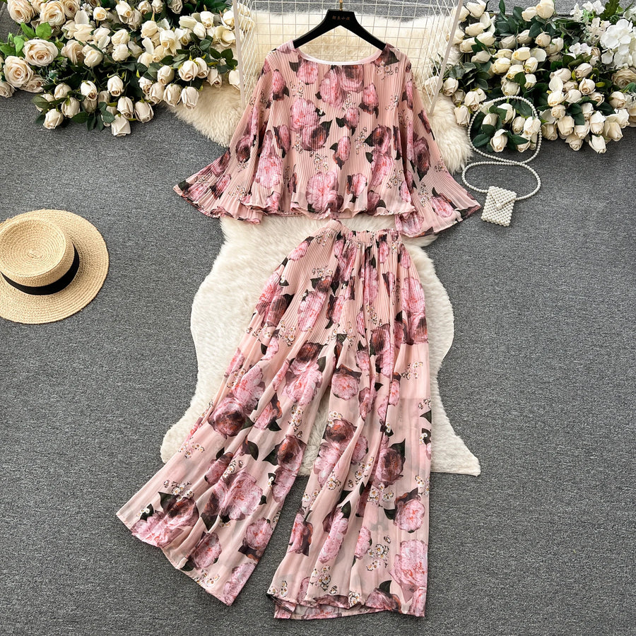 Autumn Women Draped Two Piece Set Bohemian Female Floral Pleated Short Blouse + High Waist Wide Leg Pants Chiffon Suit 2Pcs New