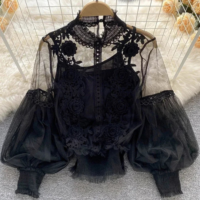 High quality vintage lace puff long sleeve blouse with a High quality vintage lace puff long sleeve blouse with a