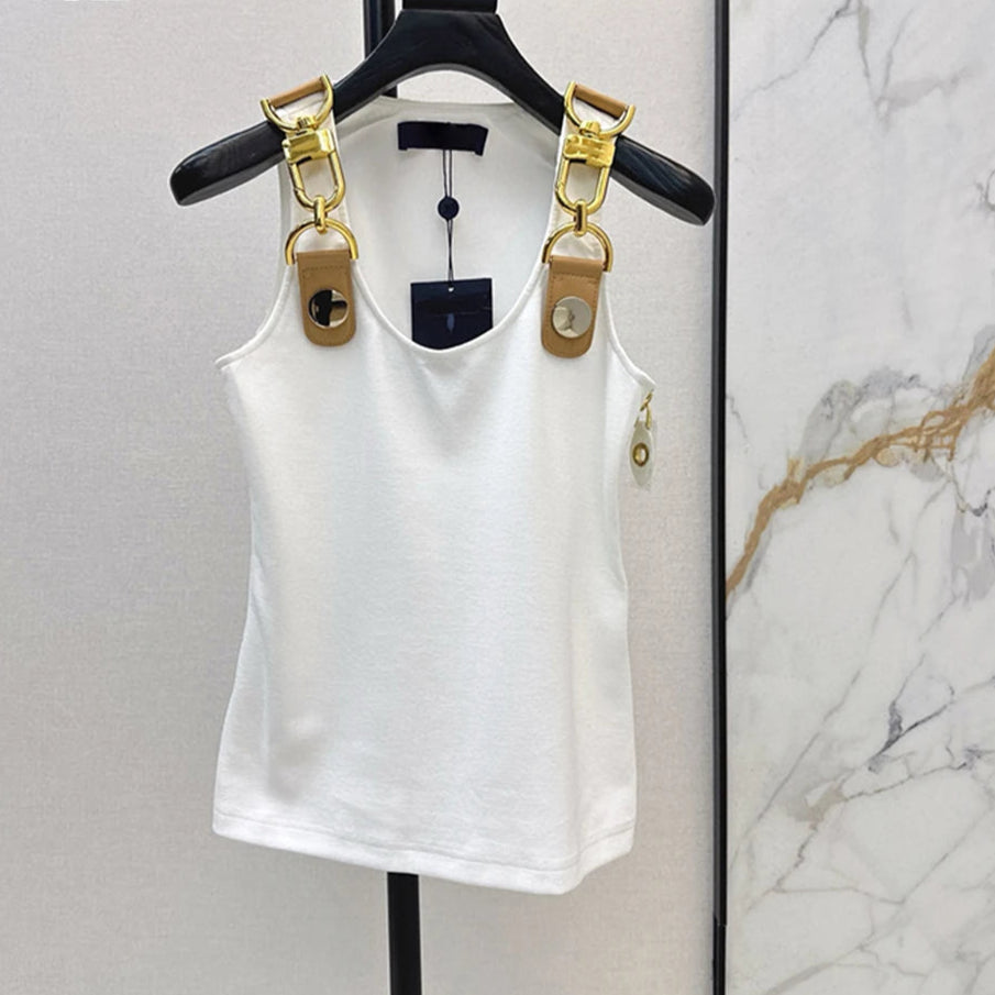 Square neck, sleeveless, patchwork top with high quality metal buckle