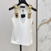 Square neck, sleeveless, patchwork top with high quality metal buckle