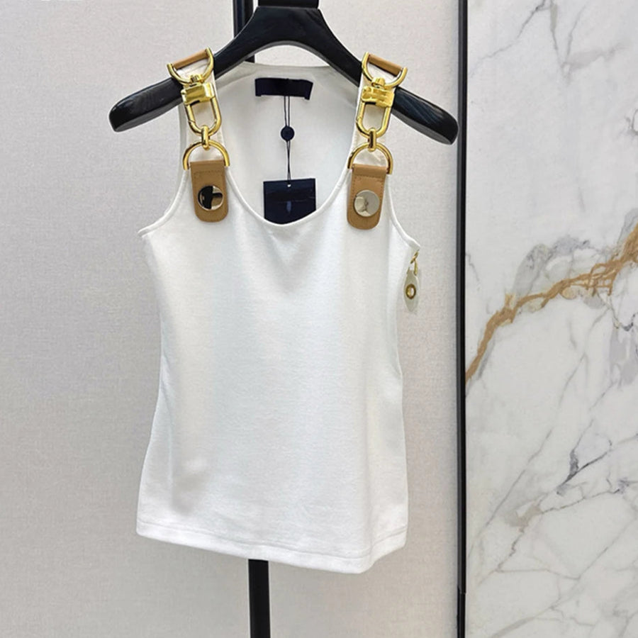 Square neck, sleeveless, patchwork top with high quality metal buckle