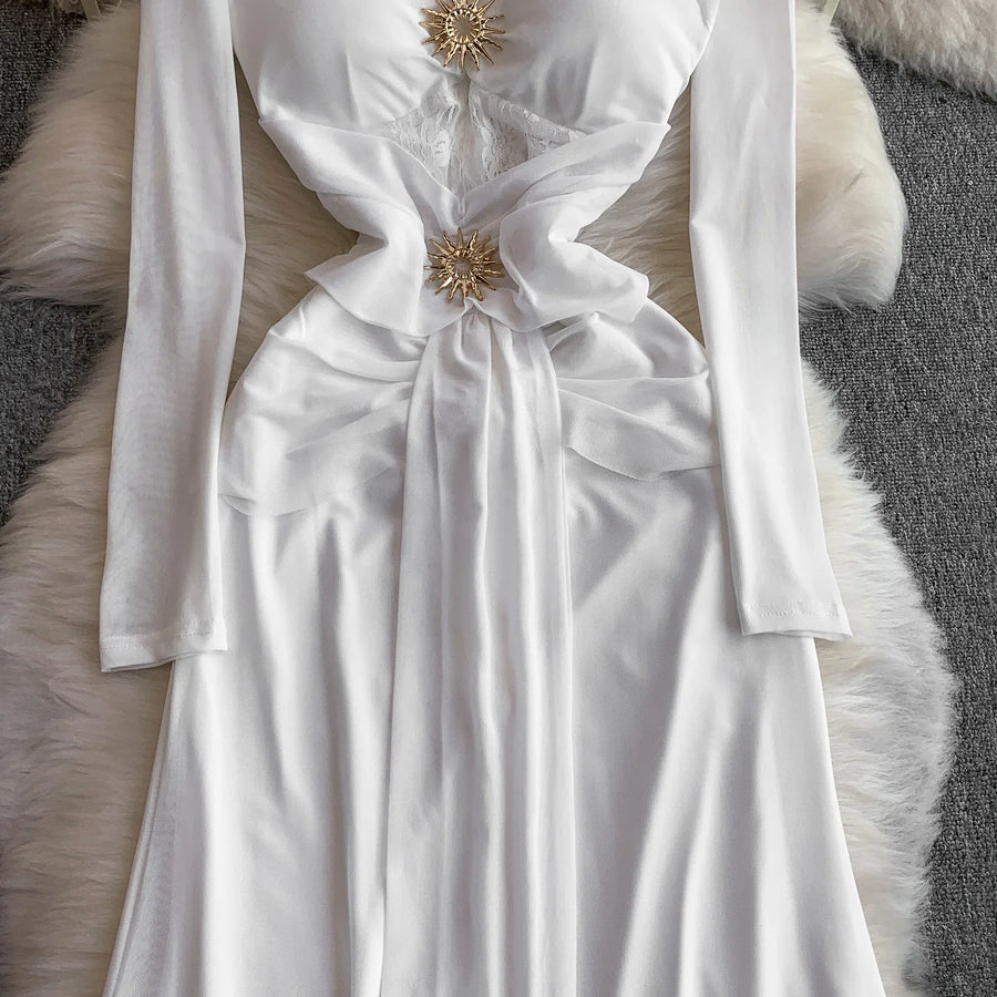 Celebrities Metal Buckle Square Collar with Chest Pad Dress Women's High-end Lace Splicing Mesh Yarn Streamer Elegant Long Dress