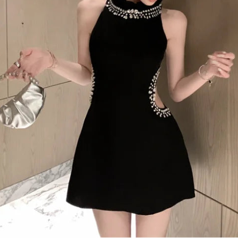 Elegant Mini Dresses Women Rhinestone Hollow Out French Style Ruffled Collar Slim Sleeveless Off Shoulder Black Sexy
