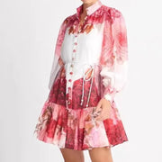 Floral Print Hit Color Dress For Women Stand Collar Lantern Sleeve High Waist Spliced Lace Up Tunic Mini Dresses Female New