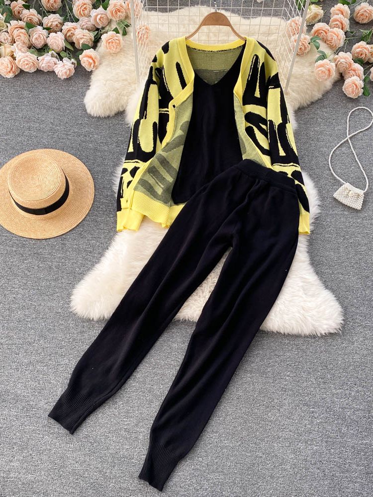 High quality cardigans V-neck sweater + vest + pencil pants three-piece set