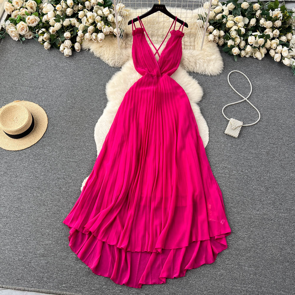 High Quality Solid Deep V Neck Sling Cross Ruffles Backless Pleated Maxi Dress