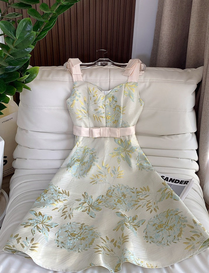 High Quality Elegant Sleeveless French Gorgeous Flower Jacquard Dress