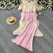 Elegant Knit Patchwork Two Pieces Sets Chic Vintage Cardigan High Waist Mesh Mermaid Skirt Casual Vacation Sets