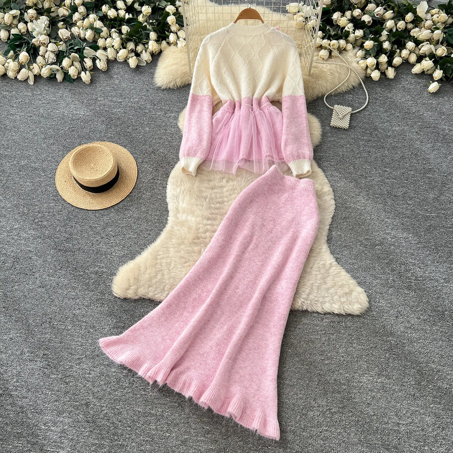Elegant Knit Patchwork Two Pieces Sets Chic Vintage Cardigan High Waist Mesh Mermaid Skirt Casual Vacation Sets