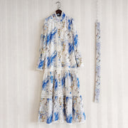 Stand Collar Blue Flower Print Hollow Out Ruffles Prairie Elegant Loose High Quality Maxi Dress