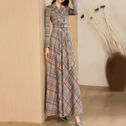 High quality double breasted belt suit collar vintage plaid long dress