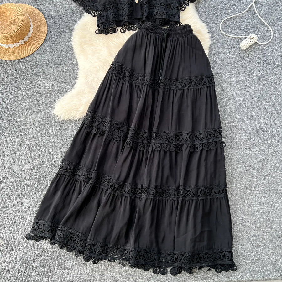 Luxury Long Dresses 2 Piece Sets Women Summer Holiday Hollow Out Crop Tops Elastic Waist Maxi Skirts Suits A Line Party Vestidos