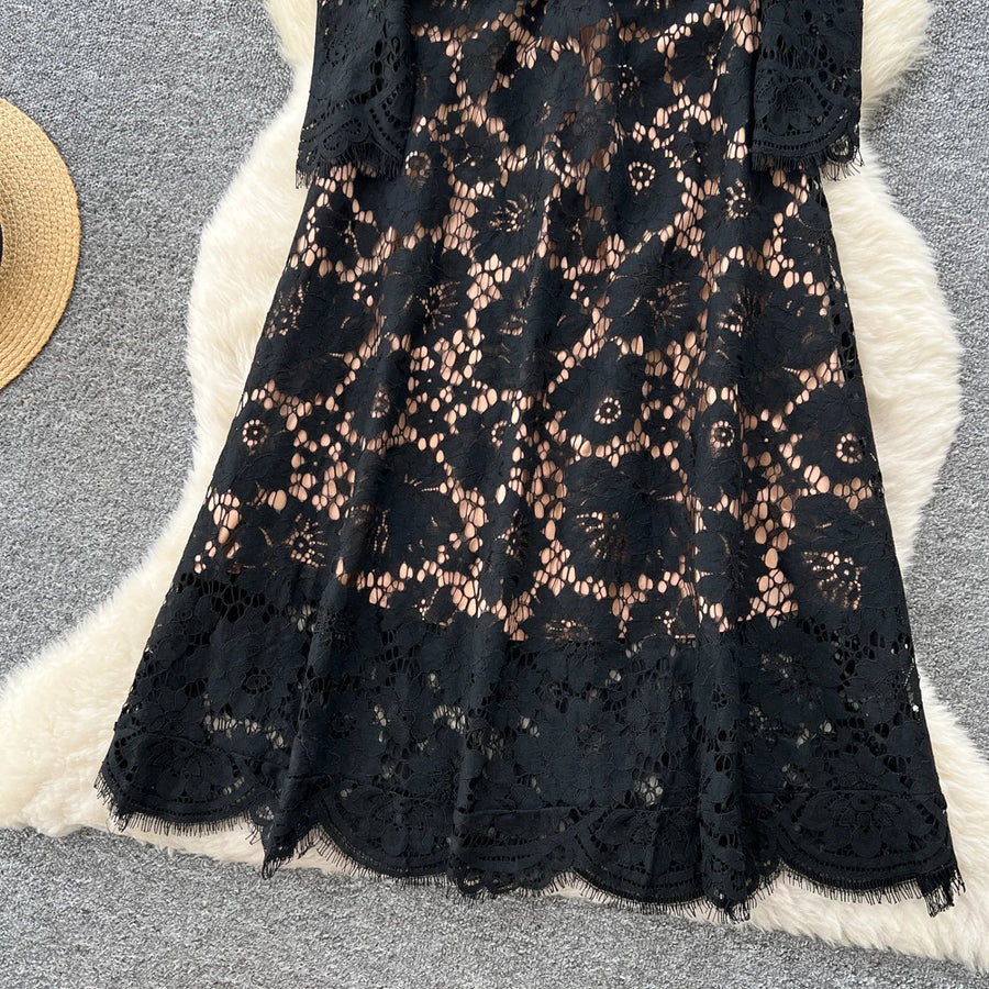 Chic vintage Hook flower hollow lace long sleeve Elegant Fairy korean fashion autumn Party women clothing