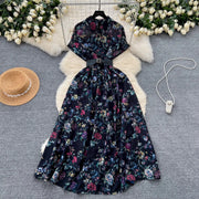 French vintage floral print lapel dress short sleeve high waist belt high quality
