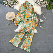 Elegant two-piece set pleated summer chiffon shirt + high-quality floral print pleated wide-leg pants