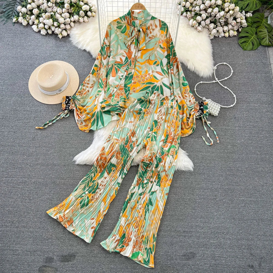 Elegant two-piece set pleated summer chiffon shirt + high-quality floral print pleated wide-leg pants