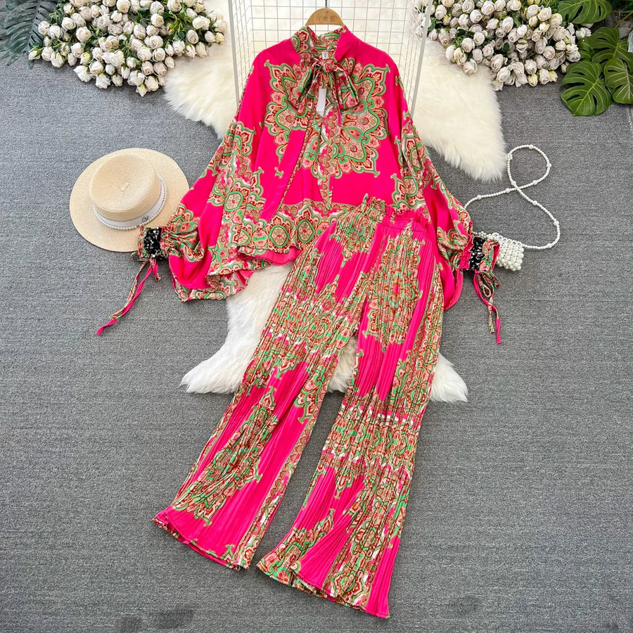 Elegant two-piece set pleated summer chiffon shirt + high-quality floral print pleated wide-leg pants