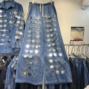 2-piece suit, large sequin shirt, pants and denim top, popular in European heavy industry, high-end, with wide-legged pants and fine beads.
