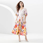 Runway Fashion V-Neck Short Lantern Sleeve Flower Print Belted Holiday Long Robes