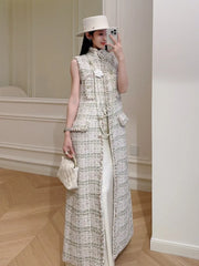 Autumn Winter Fashion Women Maxi Long Tweed Jacket Stand Collar Sleeveless Coat Wide Waisted Party Jacket Elegant Lady Designer