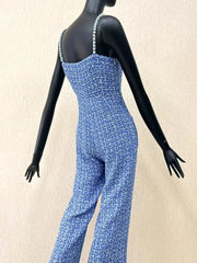 Designer Women Autumn Suspenders Jumpsuit Pearls Beading Strap Long Wide Leg Pants High Street One Piece Tweed Jumpsuits