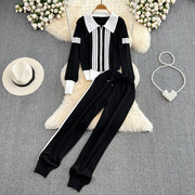 Two Piece Set Stripe Zipper Cardigan + High Quality Harem Pants