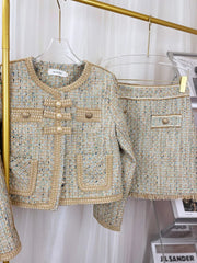 Women Winter Elegant Vintage Tweed Fragrant Suit Jacke Coat Top And Skirt Two Piece Set Outfit Jacquard Formal Party Clothing
