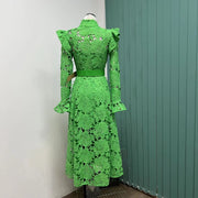 High quality French temperament water soluble lace single-breasted hollow long-sleeved dress