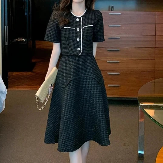 Two Piece Sets Puff Sleeve Tops+ High Waist Skirt High Quality