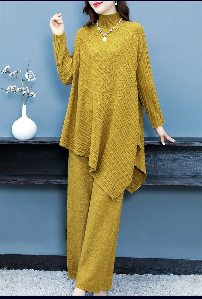 High Quality Turtleneck Knitted Wide Leg Irregular 2 Piece Set